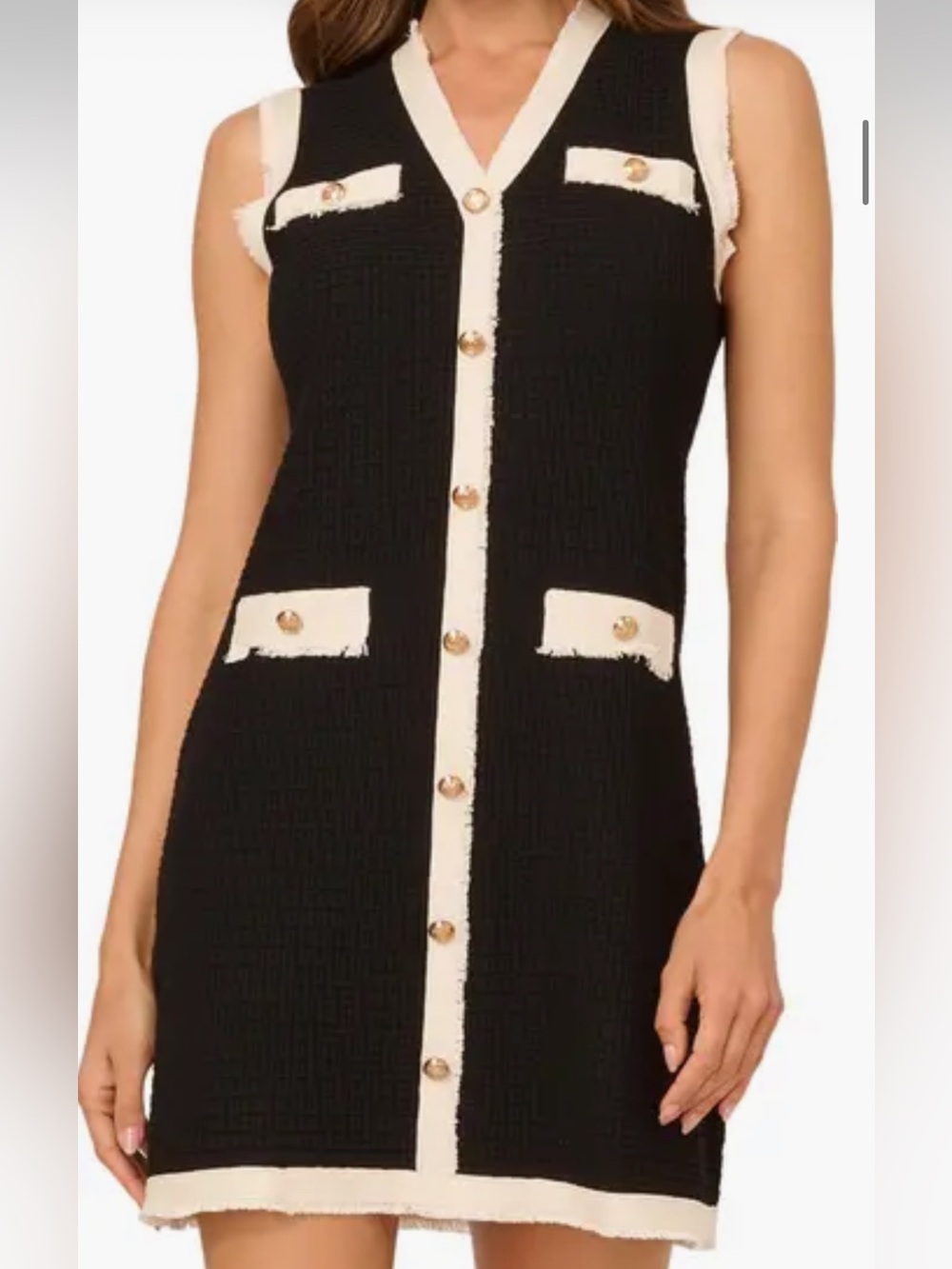 Adrianna Papell Black and Cream Sleeveless Button-Front Knit Sheath Dress